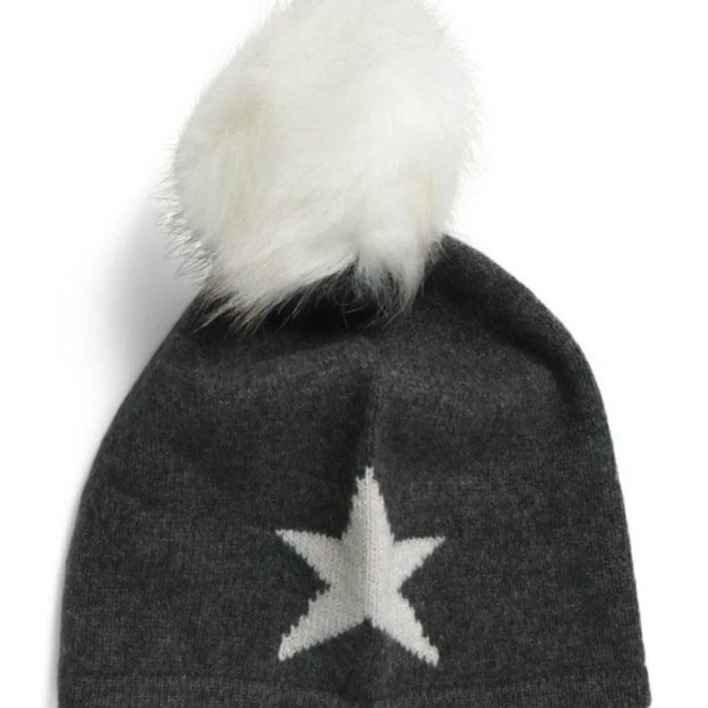 HANNAH ROSE Cashmere Star Intarsia Hat With Faux Fur Pom Size One Size